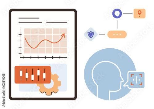 Graph with growth trend, control sliders, and gear on tablet, linked with secure voice recognition flow. Ideal for analytics, AI, speech technology, security management innovation research. Simple