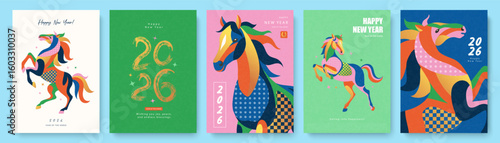 Set of Chinese New Year 2026 posters in a colorful artistic style, featuring abstract horse illustrations and hand-drawn brush stroke typography for the lunar holiday celebration, vector illustration.
