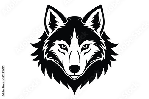 Striking Black and White Graphic Illustration of a Wolf Head with Intense Eyes