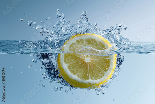 Lemon slice splash in clear water
