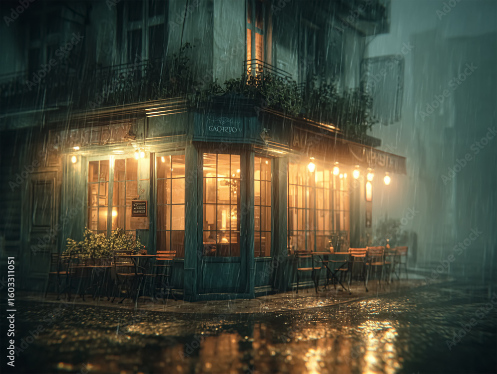 Obraz premium A cozy corner café glows warmly against a dark, rainy night. Golden lights illuminate the misty street, casting reflections on the wet pavement. The inviting atmosphere contrasts with the quiet city 