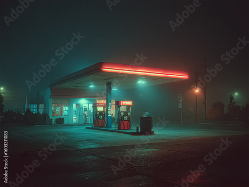 A lonely gas station stands under a glowing red neon roof on a foggy night. The empty forecourt is illuminated by soft, eerie lights, creating a quiet, mysterious, cinematic atmosphere.