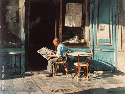 A man sits alone at a small table outside a charming blue café, focused on reading a newspaper. Sunlight softly illuminates the quiet scene, evoking peace and a sense of timeless city life.
