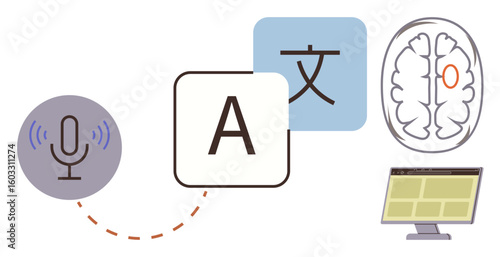 Microphone, language icons, brain diagram, and computer screen represent AI-powered multilingual processing. Ideal for translation, linguistics, technology, neuroscience, AI education and global