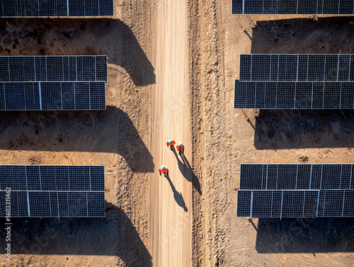 Two workers in orange vests walk along a dirt path between large rows of solar panels on a sunny day. The aerial view shows clean energy technology and solar farm operations in action.