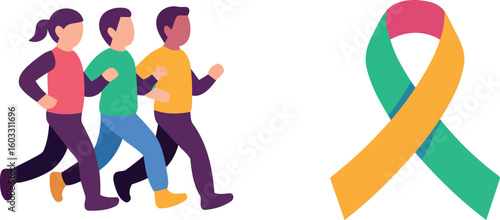 Illustration of People Running for a Cause and a Ribbon Symbolizing Support and Awareness