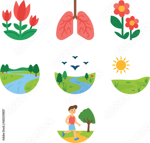 Nature and Healthy Living Icons Set with Transparent Background Vector Illustration