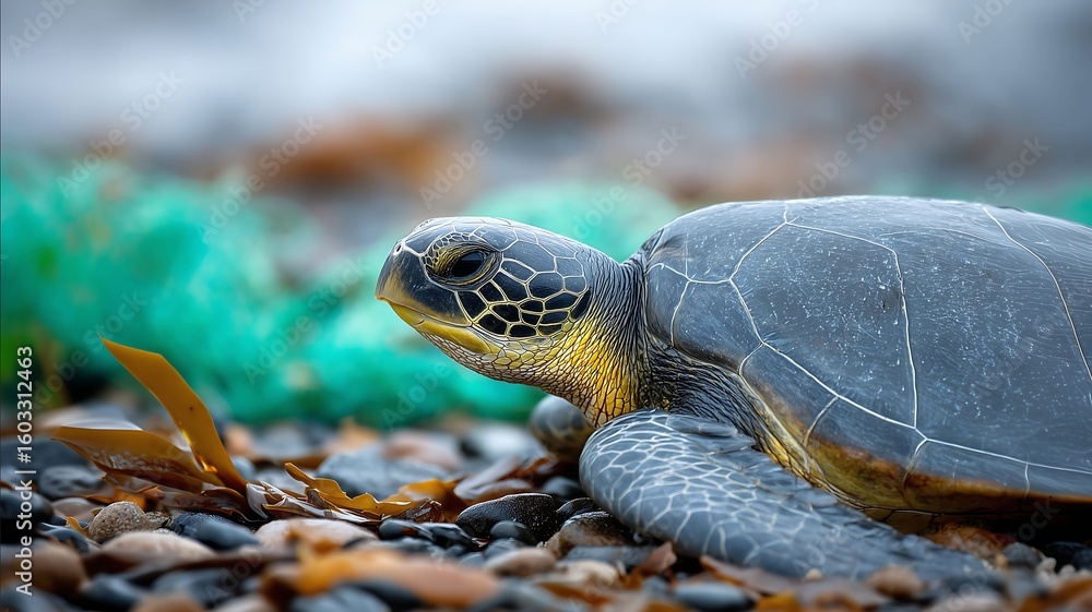 Fototapeta premium Sea turtle on sandy beach with textured shell emphasizing marine life awareness