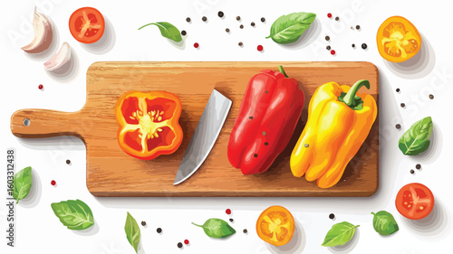 Preparing Sliced Peppers on Wooden Board