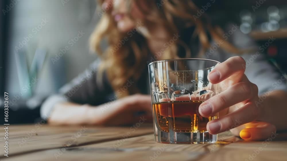 A woman is sitting at a table with a glass of alcohol in front of her. She is in a state of distress or sadness A woman is sitting at a table with a glass of alcohol in front of her. She is in a state of distress or sadness