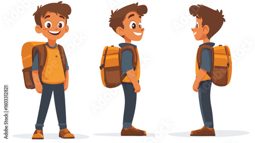 Happy schoolboy with centered backpack