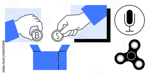 Hands holding cryptocurrency coins with Bitcoin and Dollar symbols, depositing into box. Includes microphone, fidget spinner, and tech elements. Ideal for innovation, finance, investment, gaming