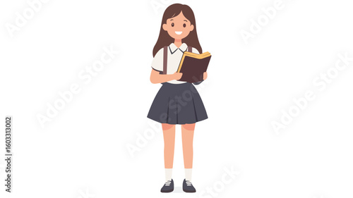 Happy schoolgirl with book in center