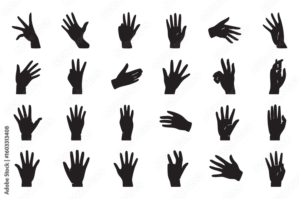 Fototapeta premium Black hand silhouettes showing various gestures and finger counts open hand counting