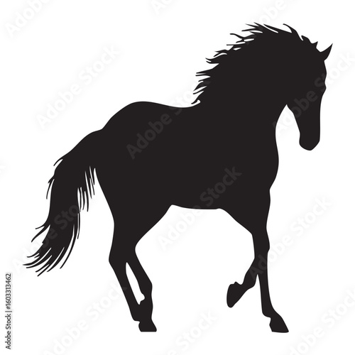 Black silhouette of a galloping horse with flowing mane and tail running