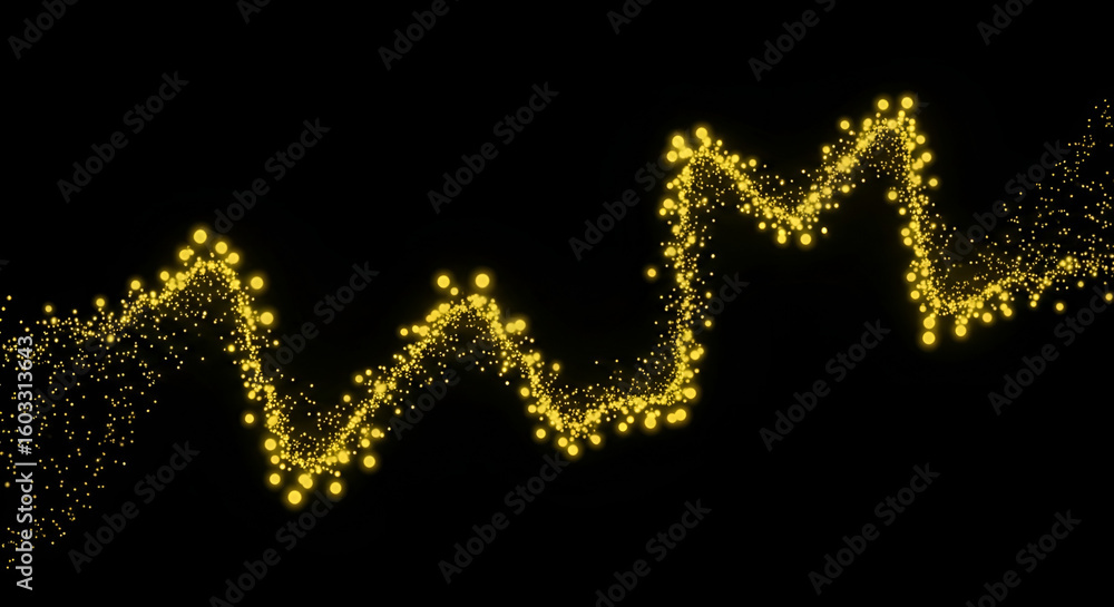 Fototapeta premium Golden particles swirl in a dynamic, wavy pattern against a black background.