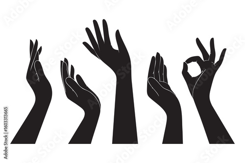 Five black hands reaching up and forming gestures on white background open palms ok sign
