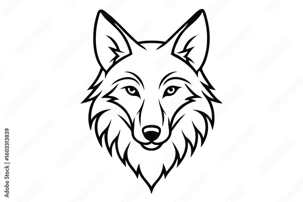 Naklejka premium Striking Outline Illustration of a Wolf's Head, Defined Facial Features and Sharp Fur