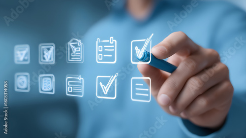 Digital Task Selection: A focused individual meticulously interacts with a virtual interface, thoughtfully selecting tasks with a digital pen.