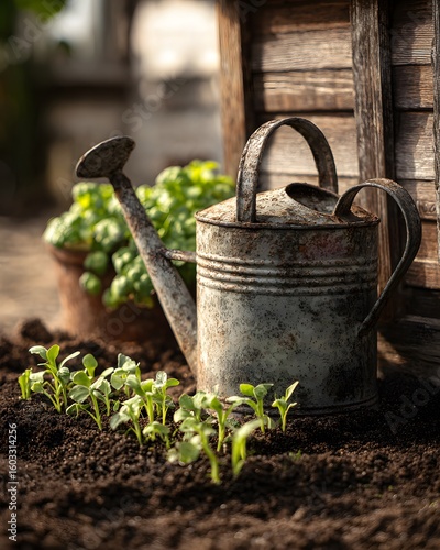 Gardening scene with vintage watering can high resolution picture