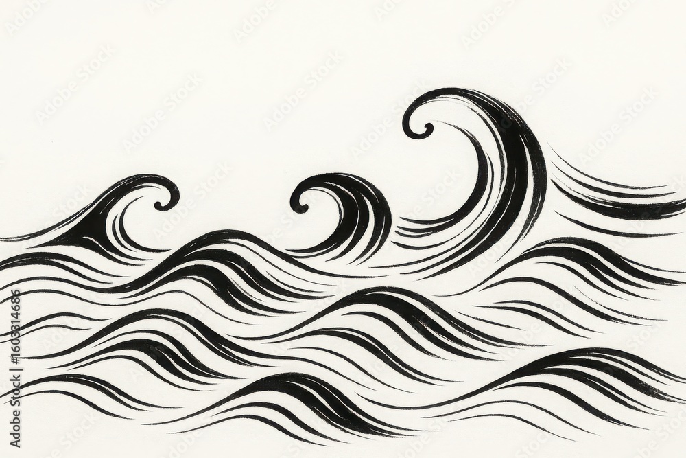 Fototapeta premium Hand Drawn Sea Wave Stroke Design with Ink Lines in Minimalist Black Style