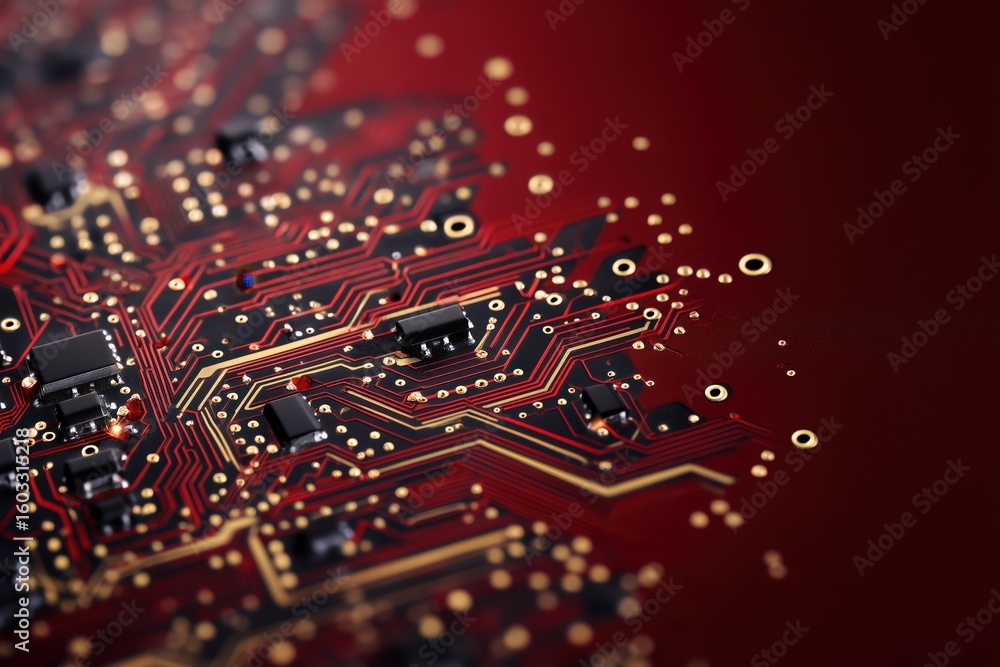 Obraz premium abstract dark red circuit board with golden data paths and black microchips