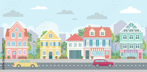 European city street cityscape Panoramic view background architecture town scenery apartment building urban houses  school stores shops benches sidewalk cars road skyscrapers Outdoor Europe panorama.