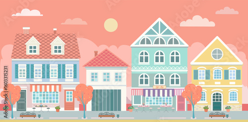 European city street Coffee shop cityscape restaurant Panoramic view sunset background architecture town scenery building houses school stores shops sidewalk skyscrapers Outdoor Europe cafe, flat Art