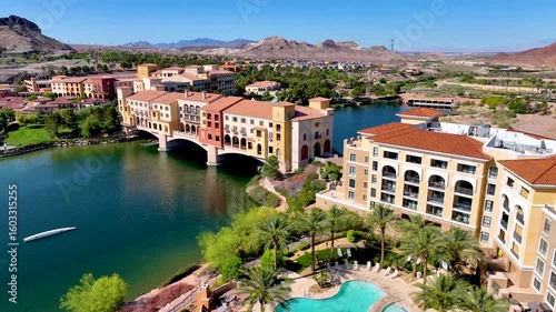 Aerial Lake Las Vegas Bridge Resort Buildings and Mountains Fly Over Forward