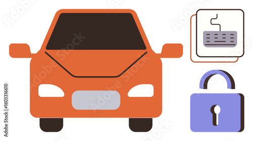 Orange car with modern design alongside keyless entry keypad and lock icon. Ideal for vehicle security, technology integration, safety concepts, smart mobility, anti-theft measures, innovation