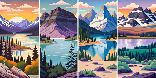 Glacier national park montana set at sunset time with mountains and lakes, pine trees