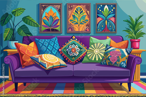vector of Vibrant embroidered cushions to a comfortable sofa in a modern living room, everything is colorful and beautiful and pleasant...