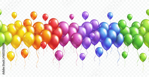 Balloons rainbow seamless border isolated on transparent background. Vector colorful festive 3d helium balloons template for anniversary, birthday party design