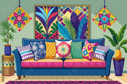 vector of Vibrant embroidered cushions to a comfortable sofa in a modern living room, everything is colorful and beautiful and pleasant...