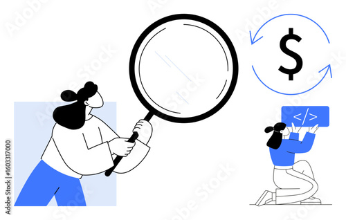 Woman holding a magnifying glass, studying a coding screen and recurring dollar sign, symbolizing analysis, exploration, finance, coding, development, innovation productivity. Ideal for strategy