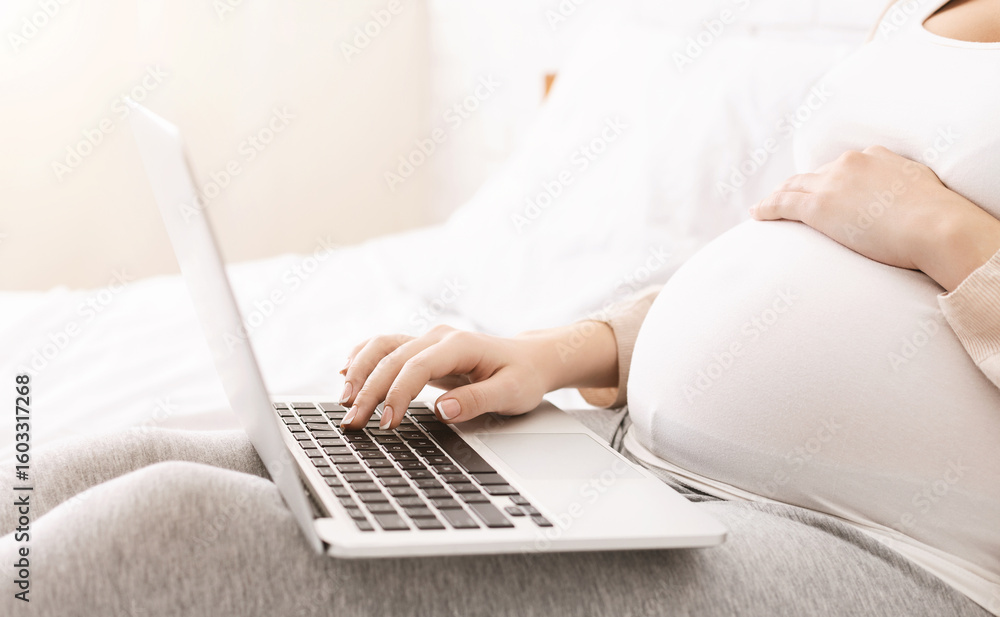 Fototapeta premium Childbirth information research. Pregnant woman browsing on laptop at home, side view, free space