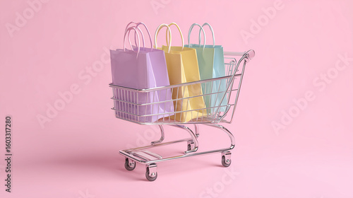 Flat lay of a small silver cart carrying shopping bags on a soft pink surface, symbolizing consumerism, fashion, or e-commerce.

