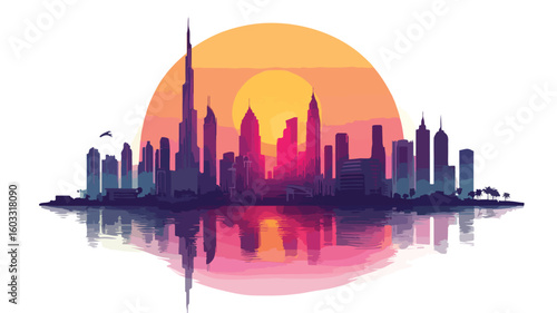 Urban sunset cityscape with modern buildings