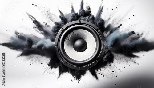 powerful audio speaker erupting black and white powder dynamic sound wave visualization on white background