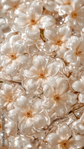 Close up of white flowers floating in water with light reflecting off the surface of the water