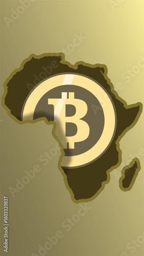 Illustration displaying the Bitcoin logo overlaid onto the map of Africa. Represents concepts like cryptocurrency, blockchain technology, and digital finance in the African context.