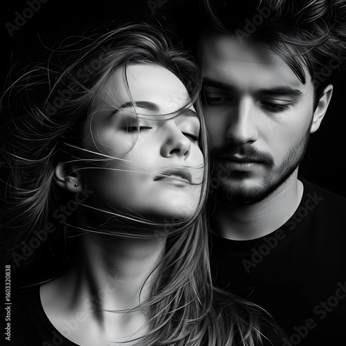 Intimate black and white portrait of a young couple in love eyes closed