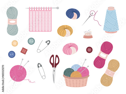 Collection of colorful flat style knitting and sewing tools including yarn, needles, scissors, safety pins, thread spools, buttons, and pincushion on white background
