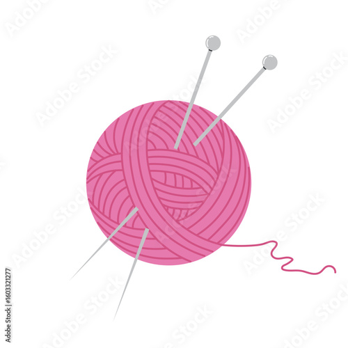 Flat design illustration of a pink yarn ball with two knitting needles and loose thread on white background