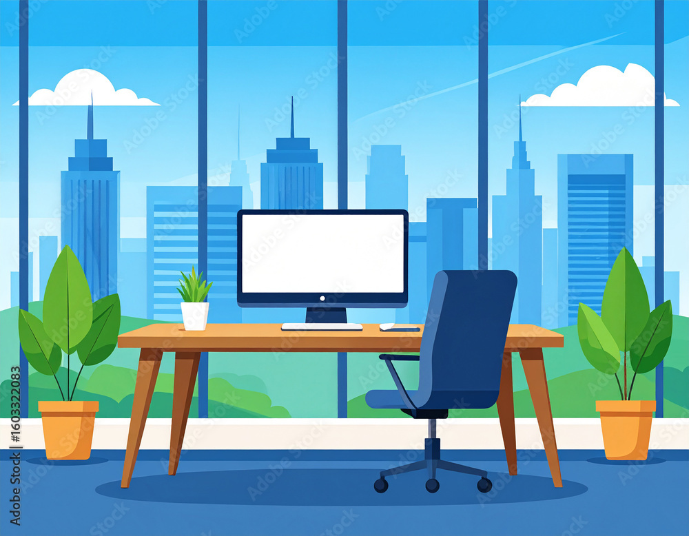 Fototapeta premium Modern Office Workspace with City View, Plants, and Computer Screen Illustration