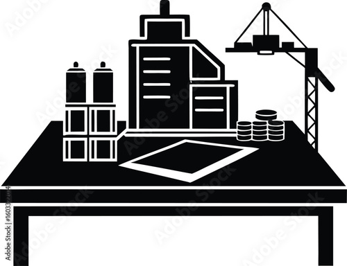 Construction Blueprints On Desk Silhouette | Architectural Blueprint Workspace Silhouette