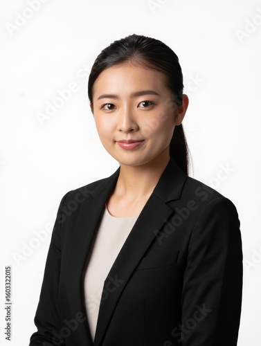 Professional headshot of asian woman in business suit on white background portrait photo