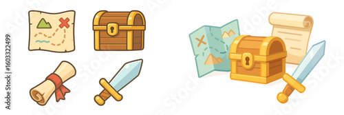 Exploring treasure maps and pirate chests with swords for an adventurous quest themed design