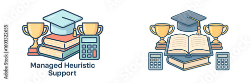 Visual representation of educational success and support featuring books, trophies, and graduation caps