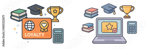 Educational rewards program design focused on loyalty with visual elements like trophies, books, and graduation caps
